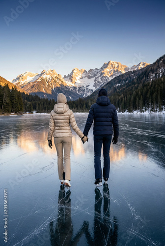 Elegant winter couple activity, hand-in-hand ice skating on smooth reflective frozen lake, serene vacation lifestyle stock image
