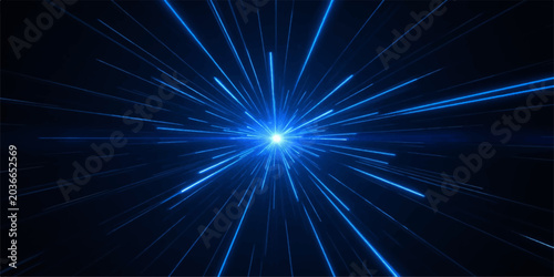 Schilderij op canvas Abstract blue light speed zoom background, fast motion blur lines radiating from center
