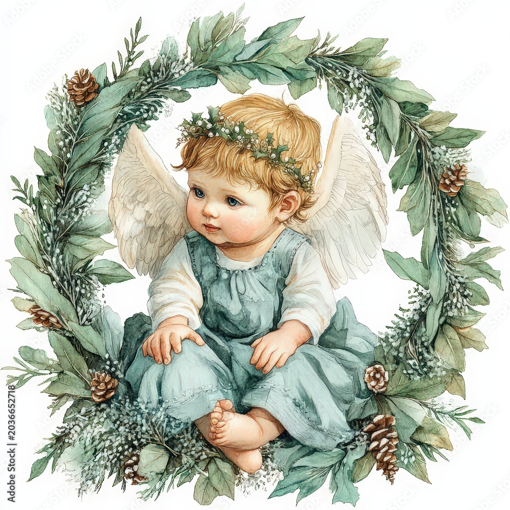 Obraz premium Serene Christmas angel in a wreath of branches in watercolor
