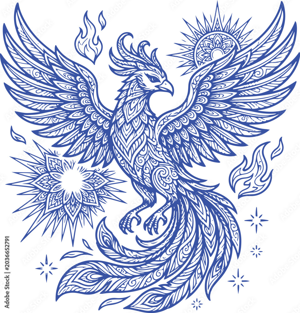 Fototapeta premium Ornate Phoenix Line Art Illustration – Blue Mandala Mythical Firebird Vector with Cosmic Sun and Flame Elements