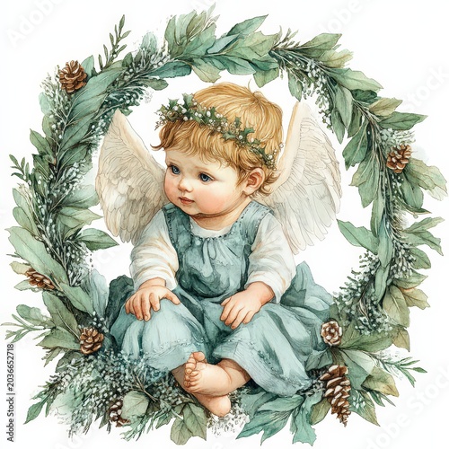 Serene Christmas angel in a wreath of branches in watercolor