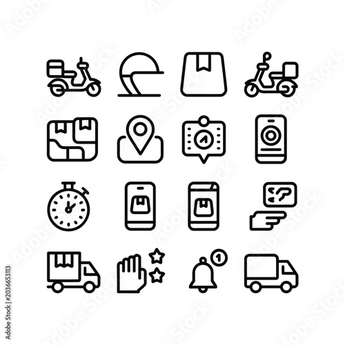 Minimalist delivery icons set, 16 logistics line vector elements, shipping and courier service symbols, mobile app tracking and transport graphics