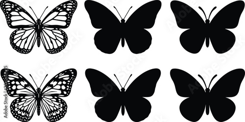 Konstfotografi Black and White Butterfly Illustration Set Featuring Detailed Silhouettes and El