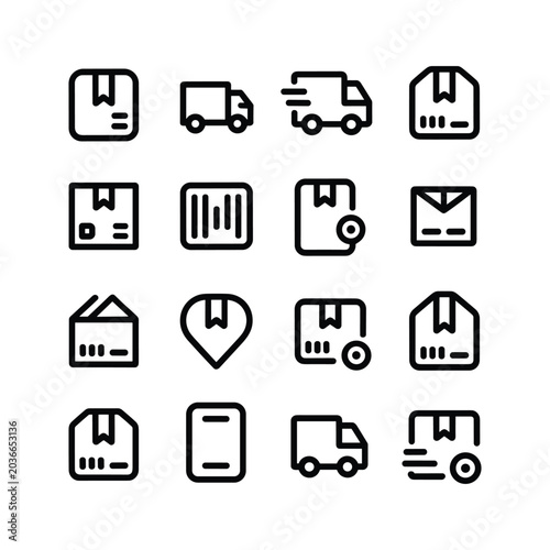 Logistics and delivery line icons, set of 16 shipping vector symbols, courier service and package tracking outline graphics for e-commerce apps