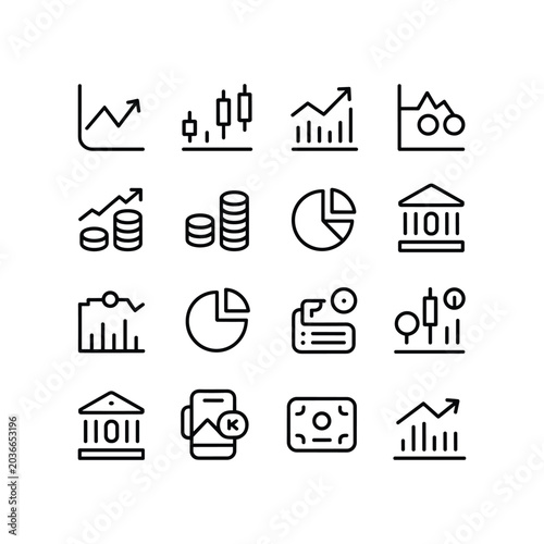 Minimalist financial icon set, 16 stock market and banking line vectors, professional business data visualization and investment analytics symbols