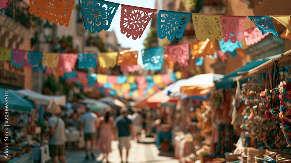 Fototapeta premium Artisan market parade captured in medium shot emphasizing colorful paper decorations in focus with a gently defocused pedestrian alley filled with bustling stalls under warm