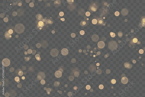 Fotografie Sparkling golden particles, glowing bokeh lights isolated on dark transparent ba