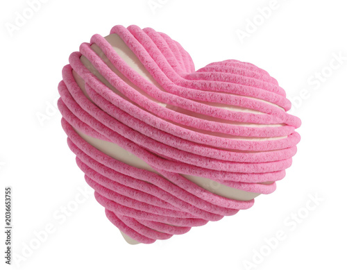 Handmade pink and white yarn heart shape on white background minimalist still life
