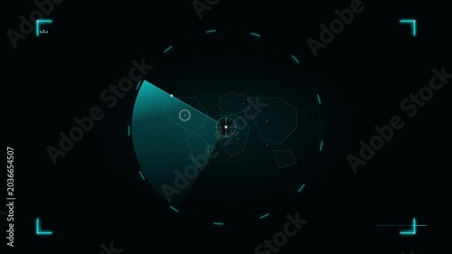 High-tech radar interface with polygonal shapes and a dynamic scanning beam in a dark digital space