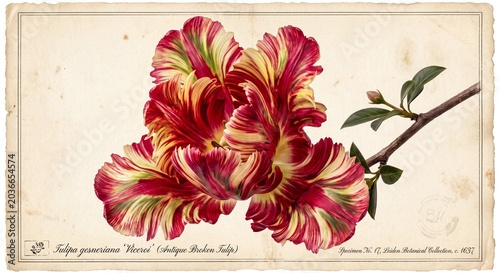 An exquisite botanical illustration of a vintage Tulipa gesneriana Viceroy antique broken tulip.