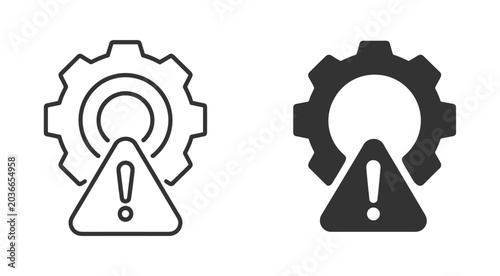 System Alert Icons: Two icons, one outlined and one solid, represent a cogwheel with an exclamation mark within a triangle, symbolizing a warning or alert. technical issue, warning symbol, gear icon.