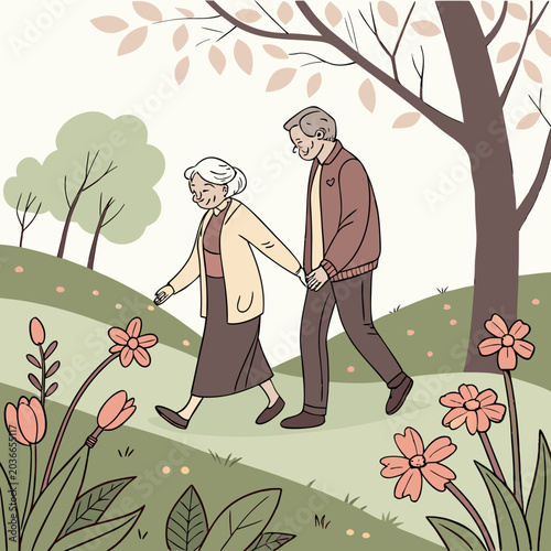 Obraz na płótnie Illustration of an elderly couple holding hands and walking in a spring park