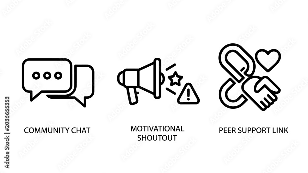 Fototapeta premium Social communication and support icons featuring community chat motivational shoutout peer support link communication community motivational shoutout connection megaphone triangle