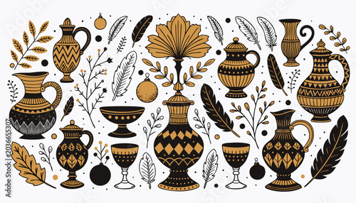 Vintage decorative border with antique vases leaves and feathers in gold and black on white background for design and decor