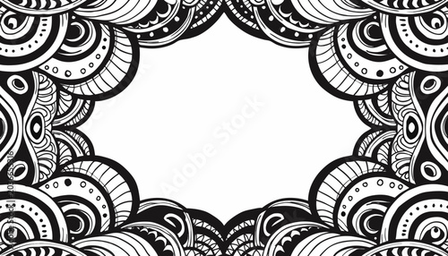 Intricate hand drawn engraving frame with swirling patterns and floral motifs on white background