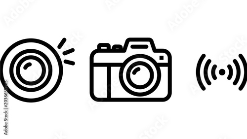 Camera and photography equipment icons including lens focus and wireless transmission with wireless transmission photography equipment connection broadcasting interface professional electronic