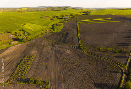 Fotografie Agricultural Fields with Arable Land Drone Perspective, Farming and Soil Agricul