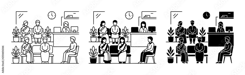 Fototapeta premium Office Workspaces, Modern Business Environments, Vector Illustrations, 3 Styles