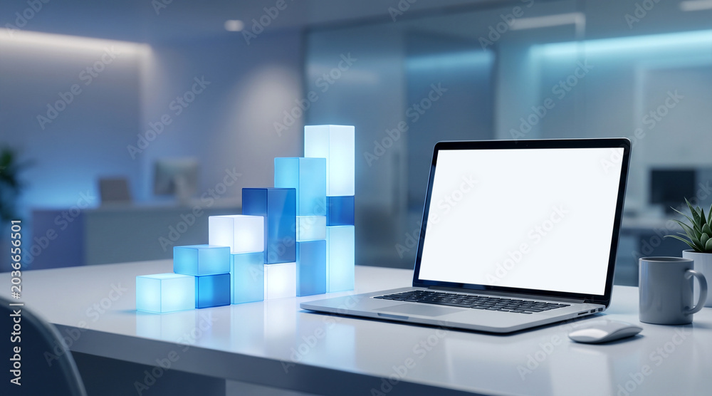 Fototapeta premium Modern laptop showing blank white screen with glowing blue bar chart cubes on a clean office desk workspace