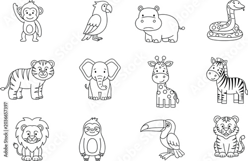 Photography Set of cute cartoon wild jungle animals in black and white line art for coloring