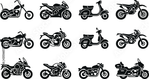Photos Collection of various motorcycles and scooters in black silhouette on white back