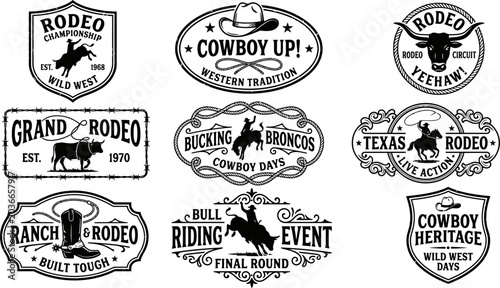 Western rodeo logo and badge designs for cowboy events and activities