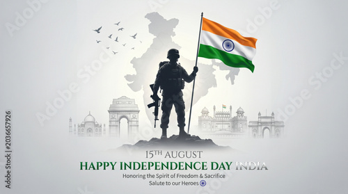 Patriotic Indian soldier holding national flag for Independence Day tribute and freedom celebration artwork