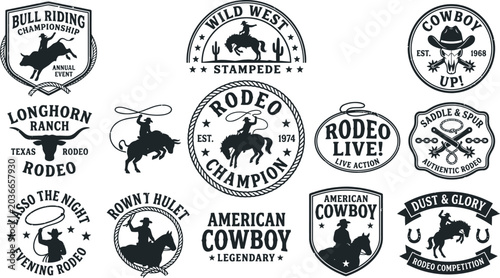Collection of black and white rodeo logo designs with cowboy silhouettes and western themed graphics