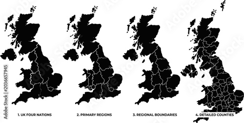 four maps of the United Kingdom with different administrative divisions  UK regions and counties