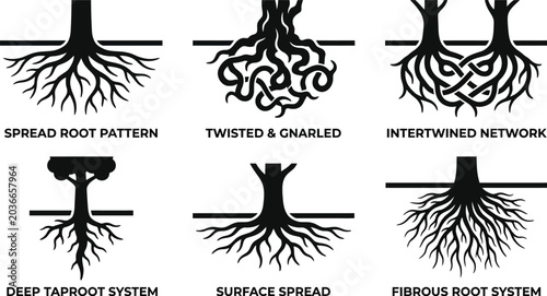 tree root systems types including spread root pattern twisted and gnarled intertwined network deep taproot system surface spread fibrous root system