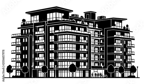 Luxury Modern Apartment Complex Silhouette Vector in Minimalist Black and White Architectural Style