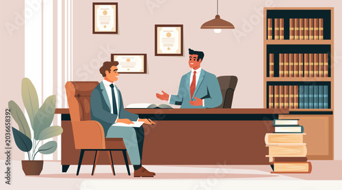 Lawyer consultation legal advice office interior bookshelf certificates two men in suits discussing documents professional meeting modern workspace
