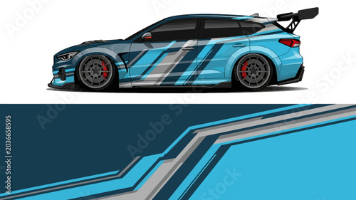 Schilderij op canvas Stylized blue sports car design with dynamic racing graphics and bold lines