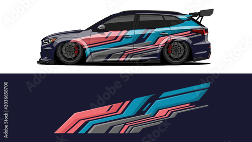 Foto HighwayRace sport sedan featuring bold blue and pink geometric racing livery and rear spoiler