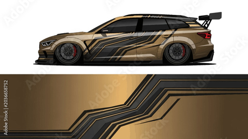Fotografía Bronze colored racecar with sleek graphics and aerodynamic styling across a dynamic profile