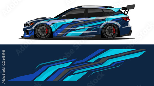 Bild auf Leinwand Sleek blue race car with dynamic geometric graphics and racing spoiler on dark backdrop