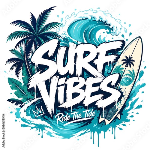 Surf vibes typography design with palm trees, ocean wave and surfboard
