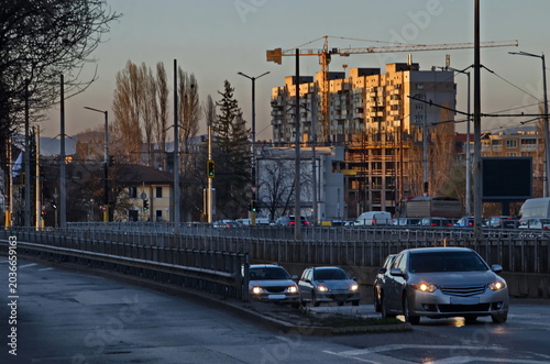 View of part of a large intersection with an underpass in front of Poduene station, Sofia, Bulgaria