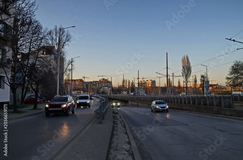 View of part of a large intersection with an underpass in front of Poduene station, Sofia, Bulgaria