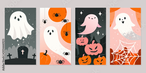 Quadro su tela Halloween Ghost And Pumpkin Designs Colorful Vector Illustrations