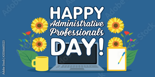 Bild auf Leinwand Administrative Professionals Day Illustration With Sunflowers And Office Supplie