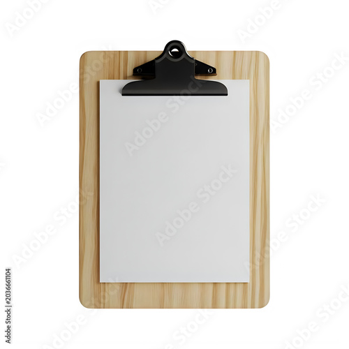 Clipboard with wooden binding and blank page isolated on white background