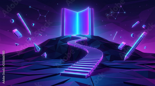 purple neon glowing book with a staircase leading to knowledge in a futuristic universe
