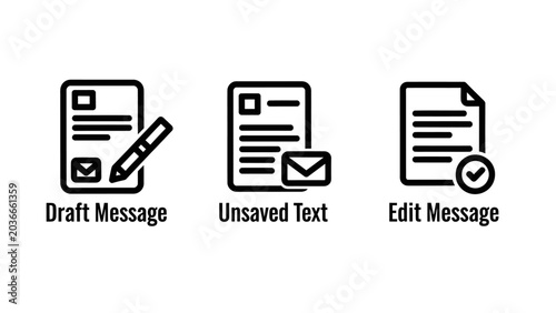 Document editing and messaging icon set with document validation checkmark management interface software application correspondence communication business creation complete submission