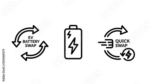 Electric vehicle battery swap process icons with electric transportation automotive technology exchange recharge sustainable mobility infrastructure innovation transport charging solution