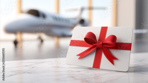 Luxury gift card with a red ribbon and bow in front of a private jet, premium travel gift concept, exclusive vacation, VIP service and luxury lifestyle