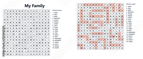 Word search puzzle sheet featuring family-related terms and categories  