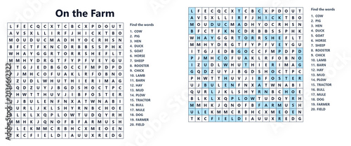 Word seek puzzle sheet with farm-related terms and solutions  