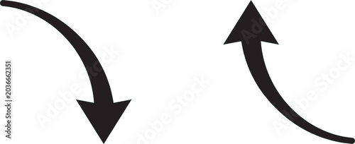 Two abstract black arrows, one curving downwards and one curving upwards, are shown against a white backdrop.