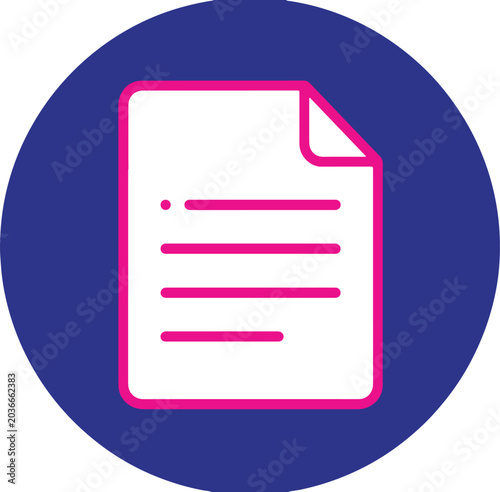 A white document icon with pink horizontal lines and a dot is centrally placed within a deep blue circle.